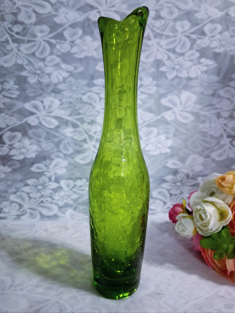 Vintage Blenko 64b Vase Green Crackle Glass 10.5" MCM